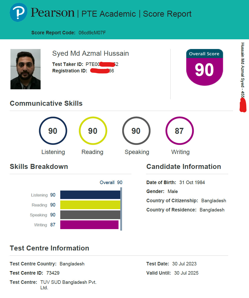 PTE Academic score report July 2023 — Overall 90