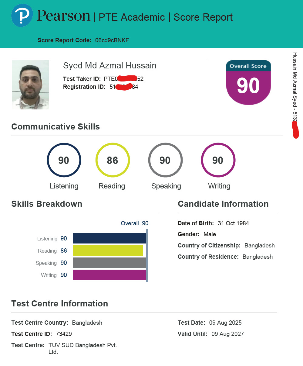 PTE Academic score report August 2025 — Overall 90