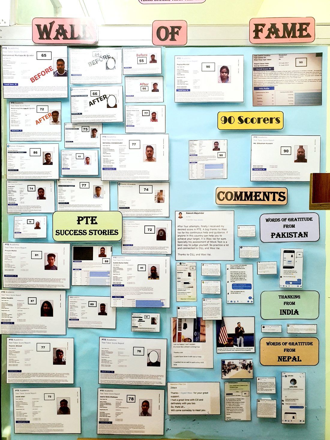 PTE Wall of Fame at TÜV SÜD — Syed Wasi's earliest student score transformations and 90 scorers